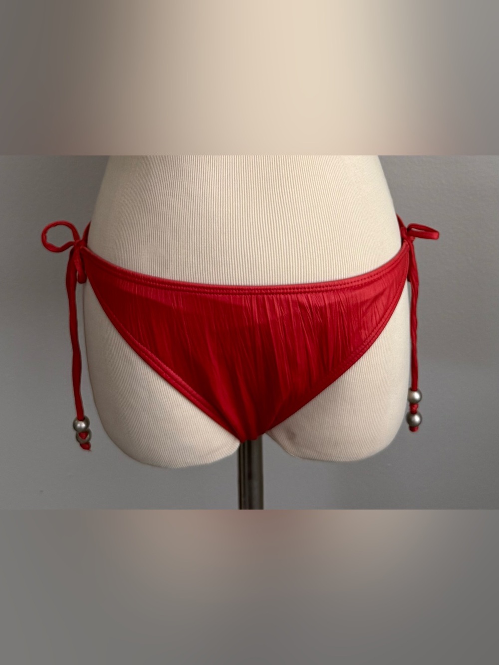 Hurley Red Tie-Side Bikini Bottom with Beaded Ties | Size Large